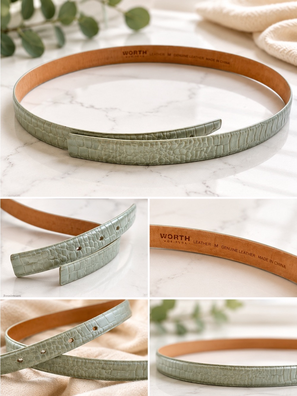 WORTH Pale Sage Croc Embossed Stamped Genuine Leather Skinny Strap Belt